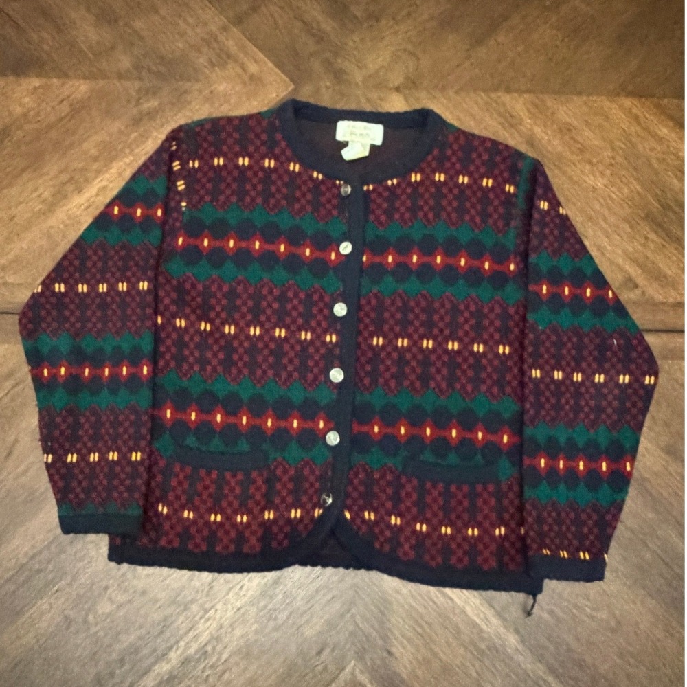 Tally-Ho Vintage Geometric Fair Isle Cardigan Sweater Burgundy Green Navy Small - Picture 2 of 6